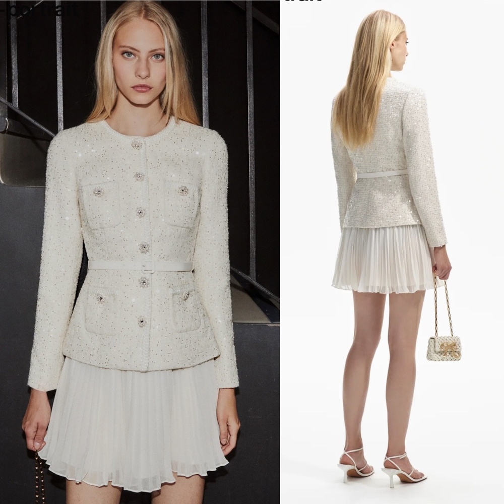 Self-Portrait CREAM SEQUIN BOUCLE TAILORED MINI DRESS